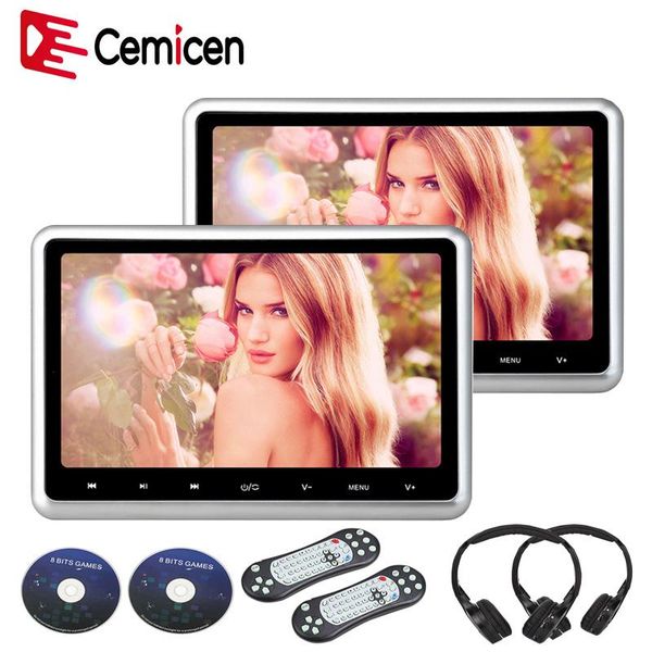

car video cemicen 2pcs 9 inch headrest monitor hd 1080p dvd player touch button screen usb/sd/ir/fm transmitter/speaker/game