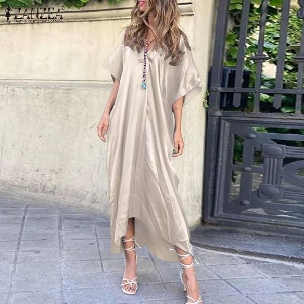 

casual dresses women v neck sundress loose 3/4 sleeve kaftan female robe summer elegant satin midi dress solid high low vestidos, Black;gray