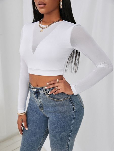 

sxy contrast mesh crop slim tee h6eh#, White