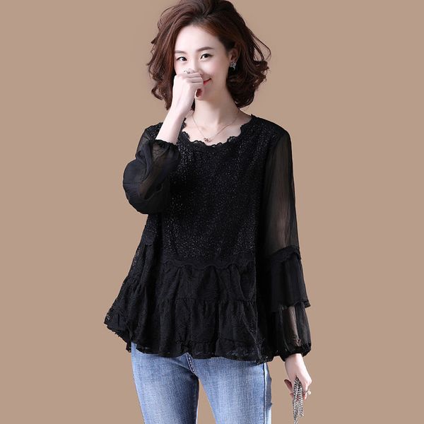 

plus size clothes women chiffon blouses new autumn fashion patchwork black lace female long sleeve loose shirts p204 210412, White