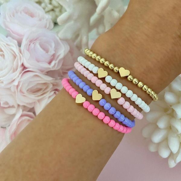 

charm bracelets 5pcs/set cute solid color beads heart bohemia gold beaded acrylic bracelet for women charms elastic rope jewelry, Golden;silver