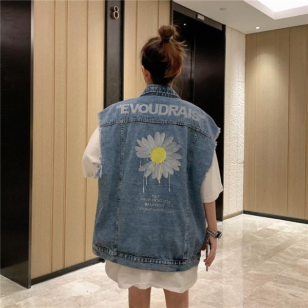 

women's vests korean fashion vintage embroidery daisy denim sleeveless jacket women loose outwear coat spring 2021, Black;white