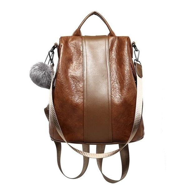 

black brown 2colors pu leather anti-thief women backpack large capacity hair ball decoration outdoor bag for teenager female bags
