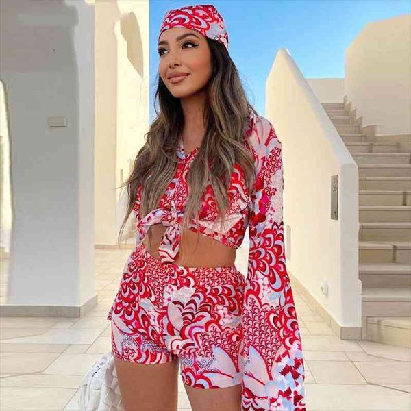 

bohemian print 3 piece sets women long sleeve blouses shirt mini short y2k aesthetic vintage summer vacation matching suit, Gray