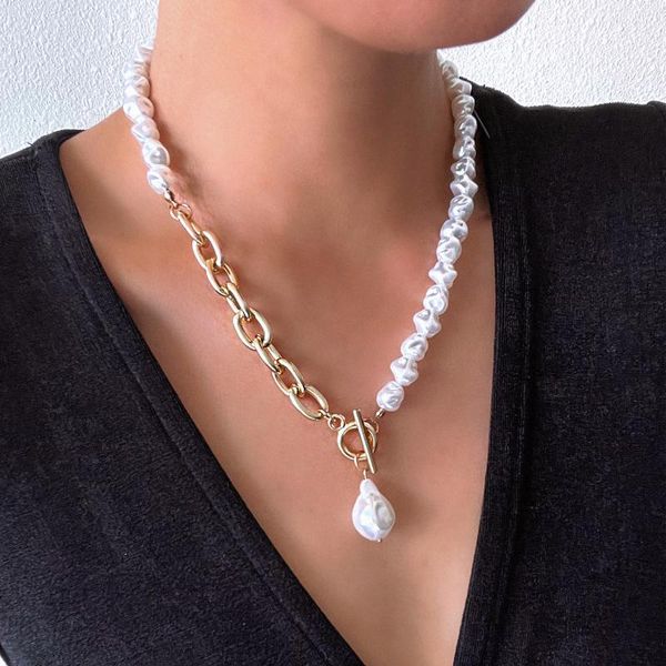 

chains vintage baroque neck pendants women summer white simulated pearl necklace 2021 girls trendy elegant jewelry, Silver