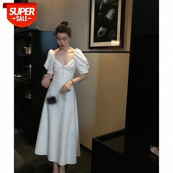 

french retro white dress female temperament was thin puff sleeve platycodon a-line long skirt net red with #o19s, White;black