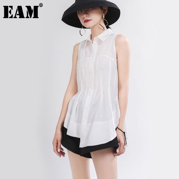 

[eam] women white pleated asymmetrical blouse lapel sleeveless loose fit shirt fashion spring autumn 1t976 210512