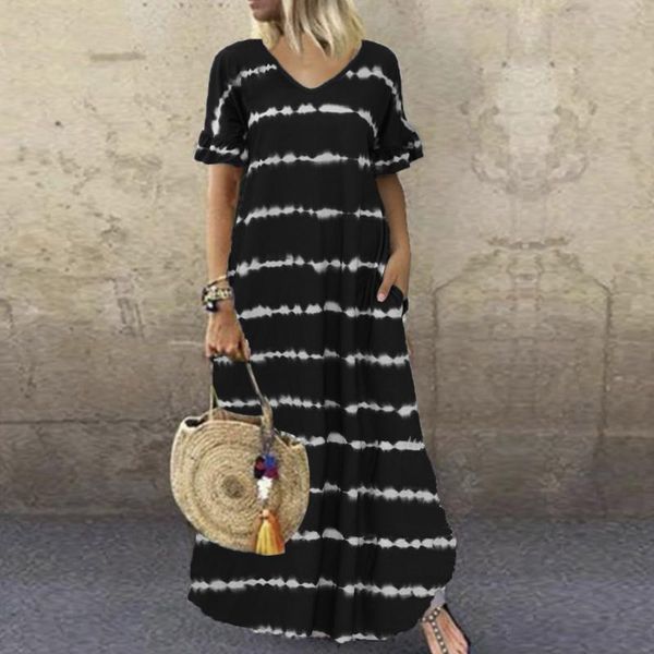 

ethnic clothing stripe print short sleeve long dress women casual v-neck plus size maxi with pocket loose vintage robe femme, Red