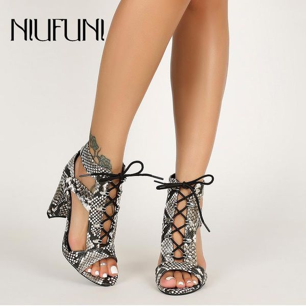 

peep toe ankle strap rivets snake pattern women's sandals gladiator high heels casual woman roman shoes plus size 35-41, Black