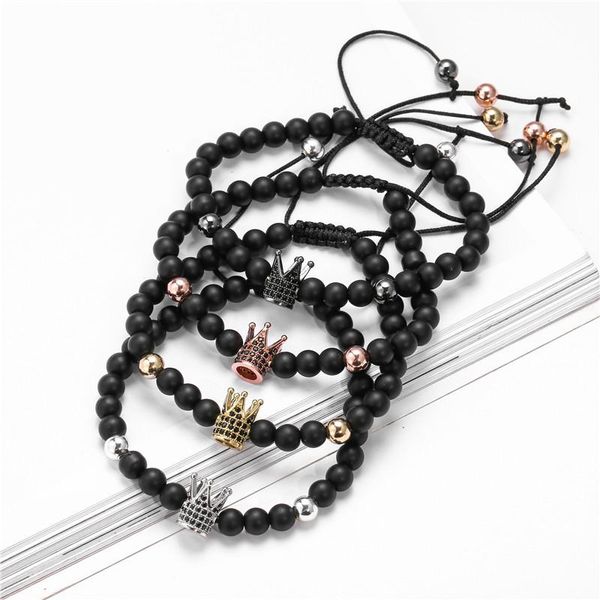 

charm bracelets classic fashion cz crown bracelet 6mm black matte stone lover braiding for women mens pulseras masculina gifts, Golden;silver