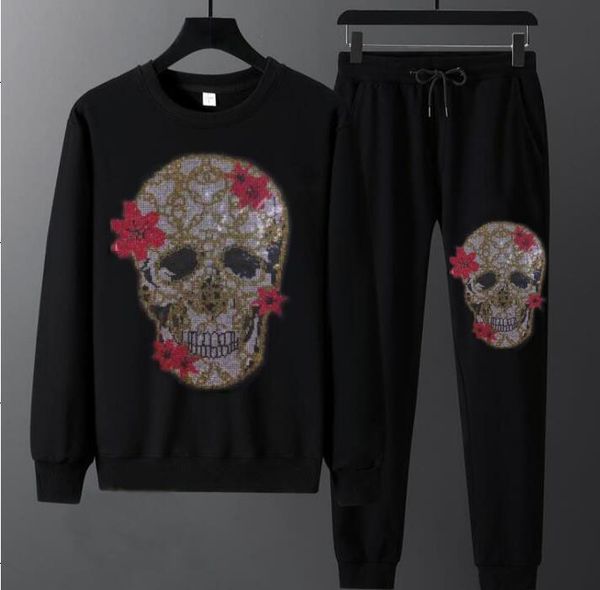 

jogging clothing 2021 tracksuit men 2 pieces set sweatshirt + sweatpants sportswear rhinestones casual sets mens, Black;red