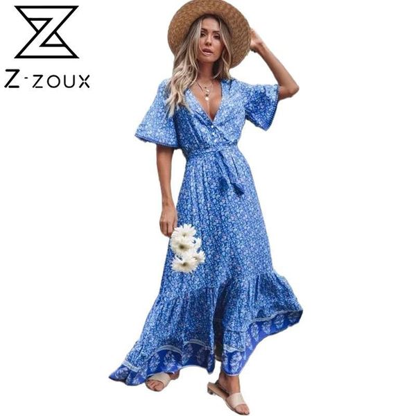 

women dress printed bohemia es long print floral maxi v neck lace up ruffle plus size summer es 210524, Black;gray