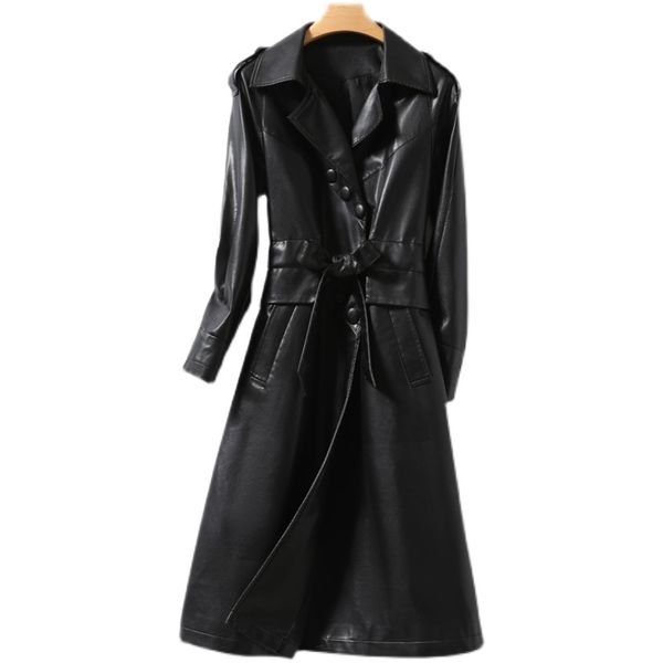 

leather windbreaker women's medium black tie haining coat