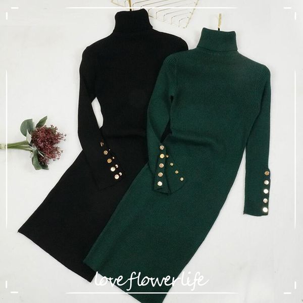 

autumn winter women knitted dress buttons warm turtleneck sweater dresses lady slim bodycon long sleeve bottoming dress vestidos 210521, Black;gray