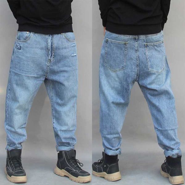 

men's ripped jeans loose pants plus size hip-hop trousers, Blue