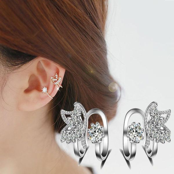 

clip-on & screw back 925 sterling silver crystal clip earrings rose gold butterfly earring for women korean fashion ear jewelry