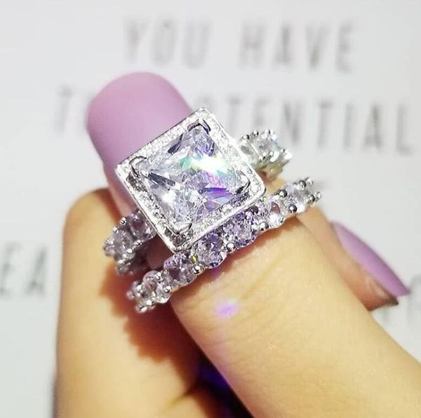 

size 5-12 sell luxury jewelry couple rings 925 sterling silver princess cut white z cz diamond gemstones women bridal ring set gift, Slivery;golden