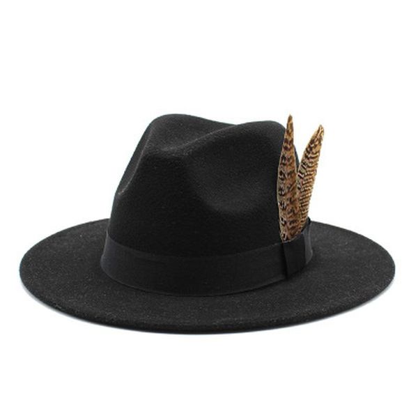 

women hats solid color wide brim with band feather fedora hat winter autumn green white outdoor jazz caps gentlemen winter hats, Blue;gray