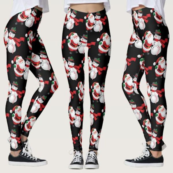 

women's leggings christmas custom santa claus snowman party skinny pants for fitness running pilates gym, Black