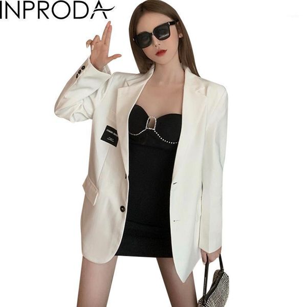 

inproda women blazer patchwork color matching white blazers jackets plus size casual loose womens long sleeve 2021 women's suits &, White;black