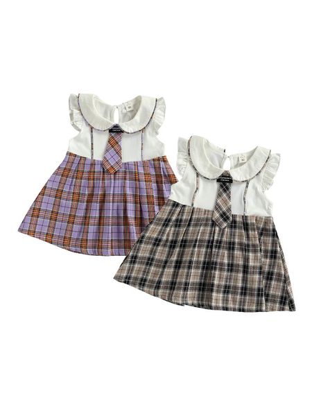 

citgeesummer kids girls dress plaid collar sleeve princess patchwork bow tie casual clothes girl's dresses, Red;yellow