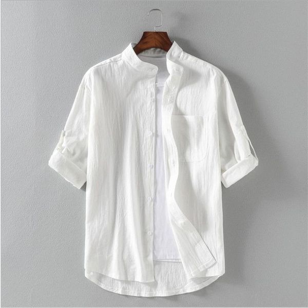 

men's casual shirts selling 2021 european american summer cotton linen solid color 5 minute sleeves stand collar cardigan shirt, White;black