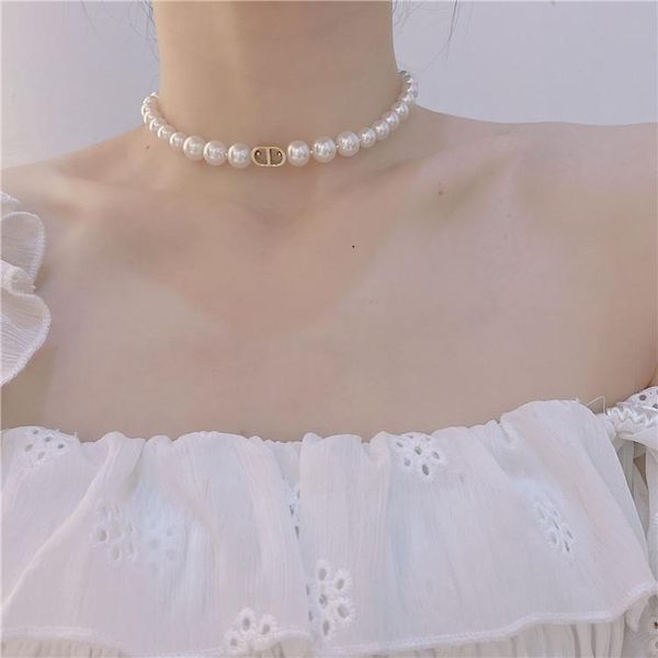 

chokers vintage pearl necklace female ins cold wind choker design double d letter clavicle chain necklaces for women, Golden;silver