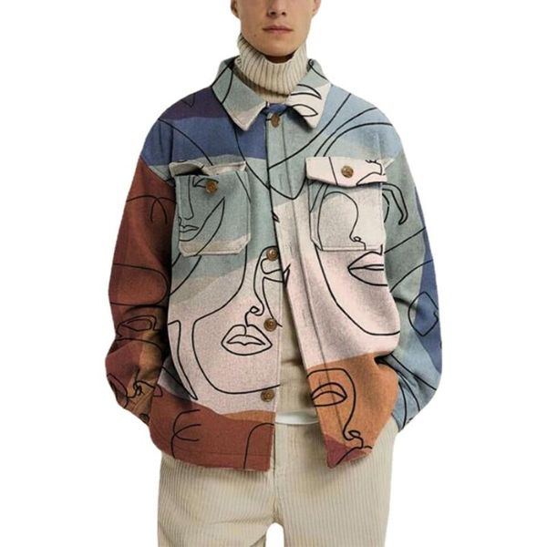 

fashion men jacket lapel trend 2021 spring printed loose plus size long sleeve single breasted men's jackets, Black;brown