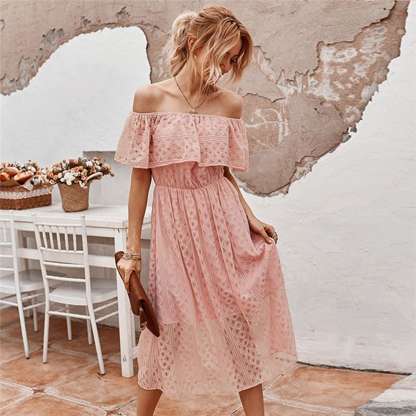 

summer dress women high waist casual pink fashion lace slash neck black elegant boho ruffles hollow out ladies midi dresses 210421, Black;gray