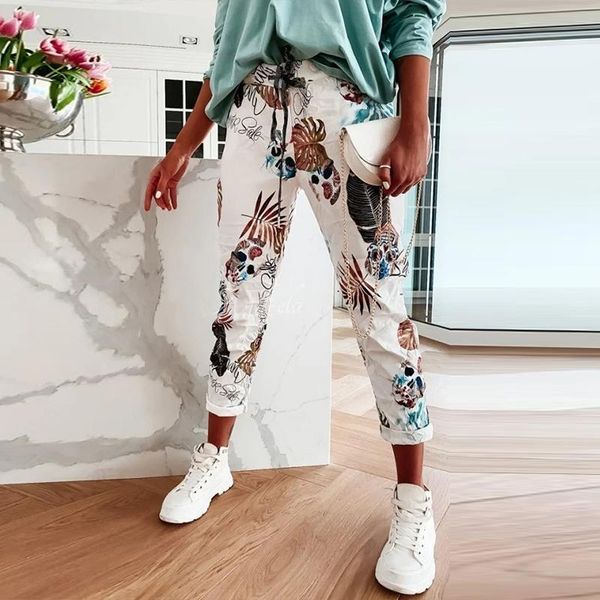 

women's pants & capris spring summer flower print long 2021 fashion drawstring elastic waist sports trousers casual women pocket sweatp, Black;white