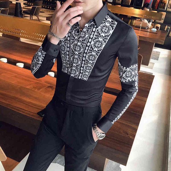 

men's casual shirts preto/branco impresso do vintage camisas de manga longa para roupas masculinas simples ajuste fino chemise homme ni, White;black