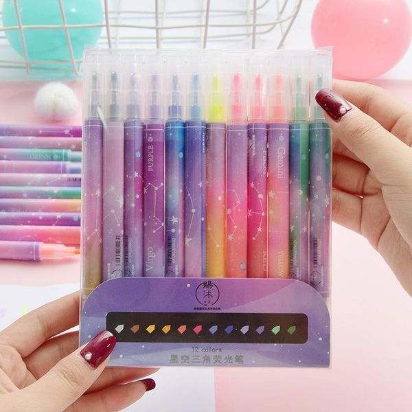 

highlighter double-head art marker pens pastel liquid fluorescent pen color stationery notebook school supplies highlighters, Black;red