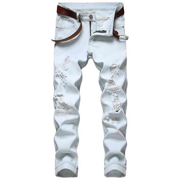 

men's jeans 2021 loose hole straight casual cool slim light blue