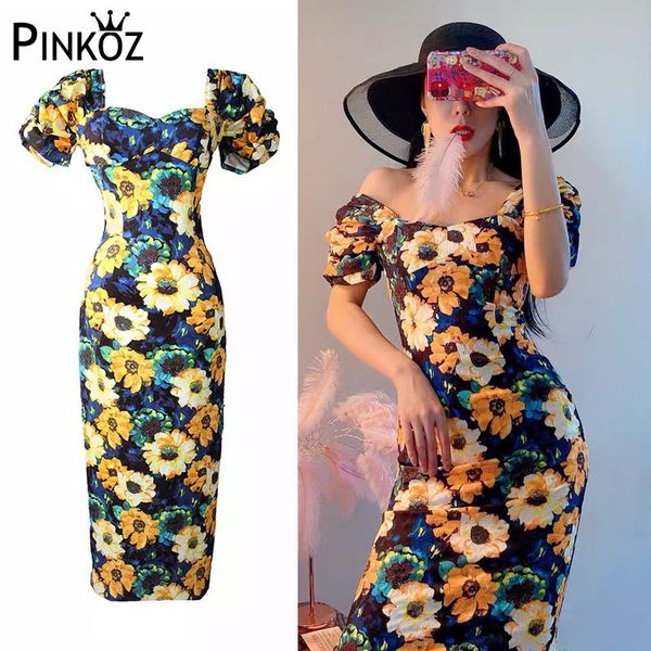 

designer summer female aesthetic floral print vintage slim dress womenpuff sleeve backless split midi dresses vestidos 210421, White