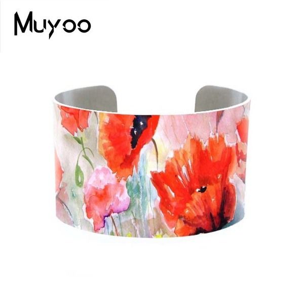 Nova Moda Bela Flores Pulseira Arte Poppies Rosa Foto Jóias Ajustável Metal Impresso Bangle Presente Maravilhoso Para As Mulher q0719