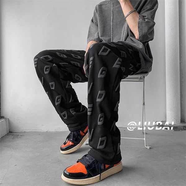 

men's pants youth denim fashion casual streetwear hip hop long straight loose trousers white black big letter oversize