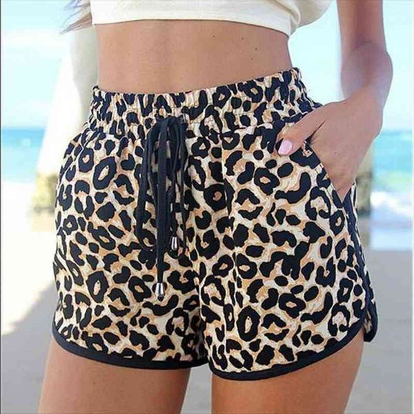 

summer leopard lace up women shorts high waist elastic cotton beach casual stuff, White;black