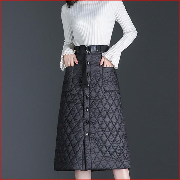 

skirts women 2021 autumn winter casual thick warm female chic sashes solid color ladies slim down cotton a-line skirt j06, Black