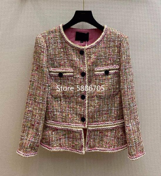 

women's wool & blends 2021 designer women elegant pockets single breasted tweed coats o-neck colorful weave ol woolen coat s508, Black