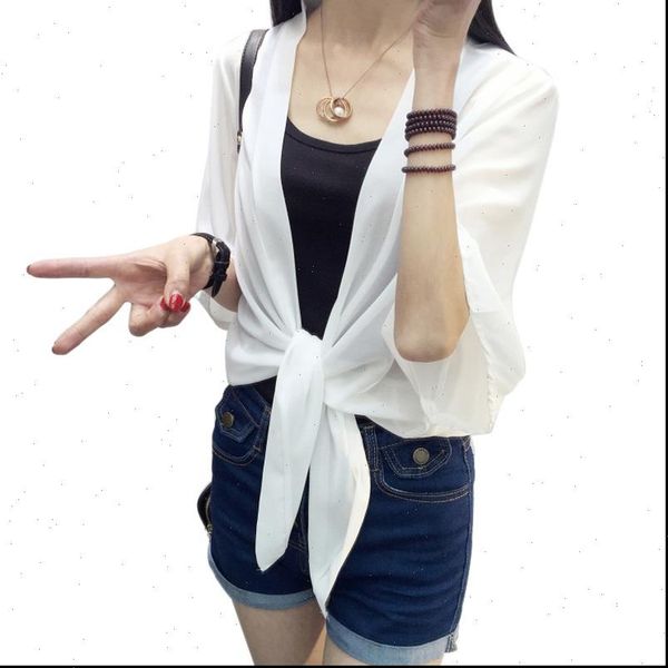 

chiffon kimono cardigan casual half women shirts sleeve loose black plus size summer female outerwear, White