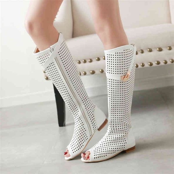 

enplei fashion women flats summer boots peep toe fretwork knee high party sho footwear size 34-43, Black