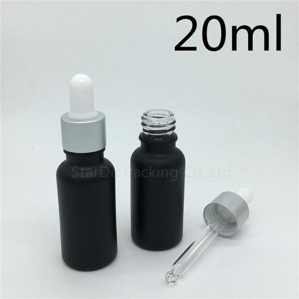 

10pcs 20ml black frosted glass essential oil bottle with sub silver ring dropper perfume storage bottles & jars