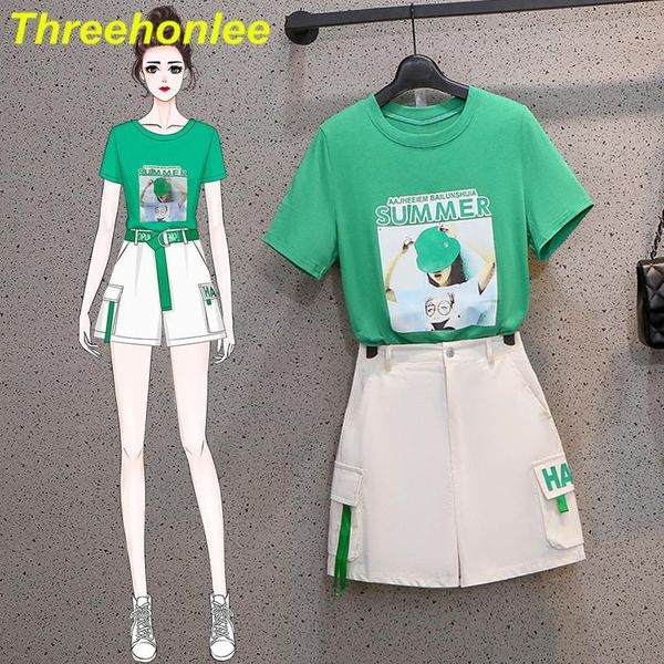 

women's tracksuits korean fashion wide-leg shorts suit women summer printted green tshirt white pocket two-piece set plus size, Gray