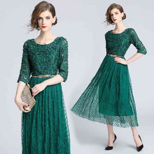 

women's mesh patchwork spring lace dress elegant solid green half sleeve 3d flower embroidery long with belt vestidos 210525, Black;gray