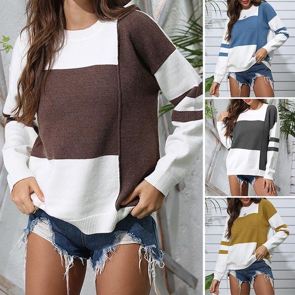 

women's sweaters 2021 autumn winter contrast color sweater women long sleeve jumper and pullover knitted, White;black