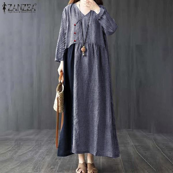 

women's blouses & shirts womens spring autumn maxi dress female plaid v neck vestido zanzea vintage patchwork kaftan casual button, White