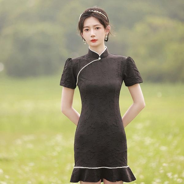

ethnic clothing chinese traditional qipao ladies lace dress short sleeve cheongsam green black latest dresses, Red