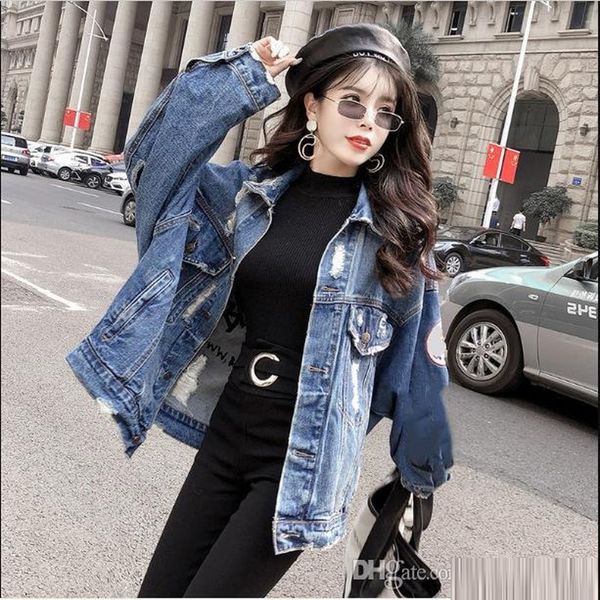 

women's jackets harajuk loose denim streetwear jacket women embroidery jeans coat hip hop hole single breasted 2021 c402, Black;brown