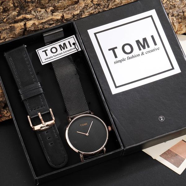 

wristwatches unique simple men watch black full steel sports clock creative leather mens quartz wrist box set relogio masculino, Slivery;brown