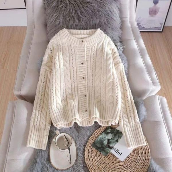 

women's knits & tees twist stripe sweater cardigan women jacket 2021 autumn and winter loose outer wear solid color round neck knitted, White